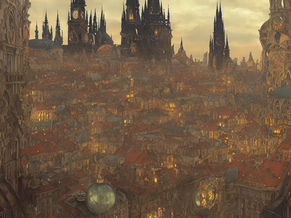 Image similar to a bell jar containing a city resembling prague, paris, and venice at dusk, intricate, elegant, highly detailed, digital painting, artstation, concept art, smooth, sharp focus, colored illustration for tattoo, art by krenz cushart and artem demura and alphonse mucha,