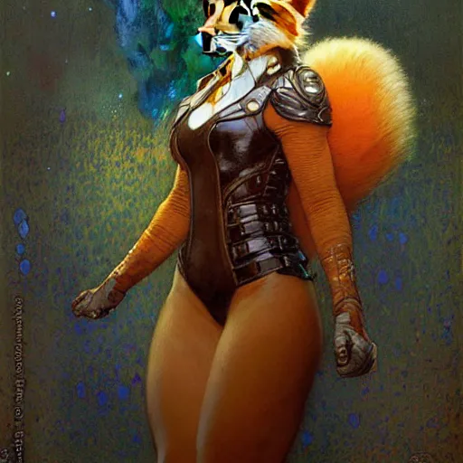 Image similar to portrait of a female fox in suit. shadowrun furaffiniy cyberpunk fantasy highly detailed painting by gaston bussiere craig mullins jc leyendecker gustav klimt artgerm greg rutkowski john berkey, bergey, craig mullins, ruan jia, raymond swanland, jeremy mann, tom lovell, alex malveda