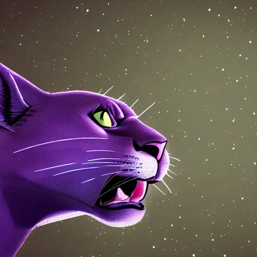 Image similar to closeup of a purple panther roaring at the moon in the forest. night. large moon in the center. cinematic. concept art.