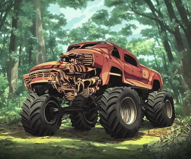 Image similar to monster truck in a forest, anime fantasy illustration by tomoyuki yamasaki, kyoto studio, madhouse, ufotable, comixwave films, trending on artstation