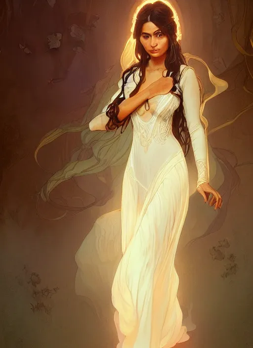 Image similar to cute brown woman wearing a transparent night gown, fantasy, intricate, highly detailed, digital painting, artstation, concept art, wallpaper, smooth, sharp focus, illustration, art by artgerm and greg rutkowski and alphonse mucha