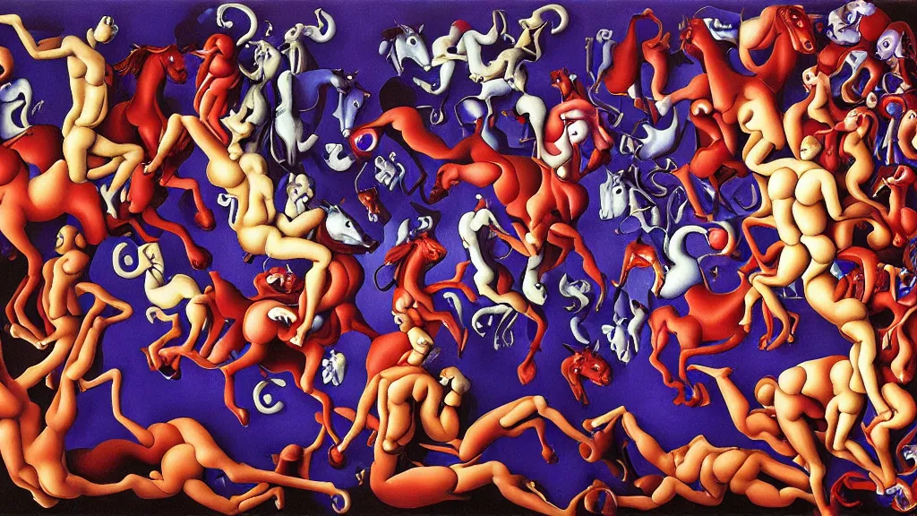 Image similar to red bodied devils and blue horses, purple monkeys | pain, pleasure, suffering, adventure, love, life, afterlife, souls in joy and agony | abstract oil painting, gouche on paper by MC Escher and Salvador Dali and raqib shaw |