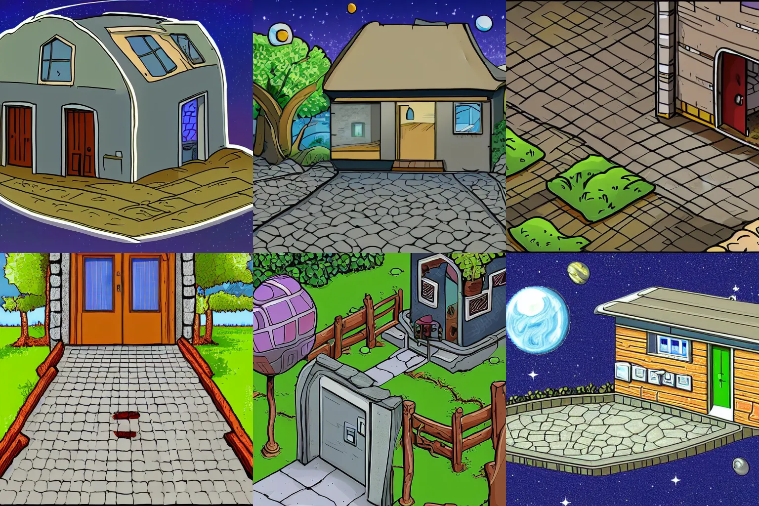 Prompt: a house with a gravel path leading to the door, from a space themed Serria point and click 2D graphic adventure game, high quality cartoon style graphics