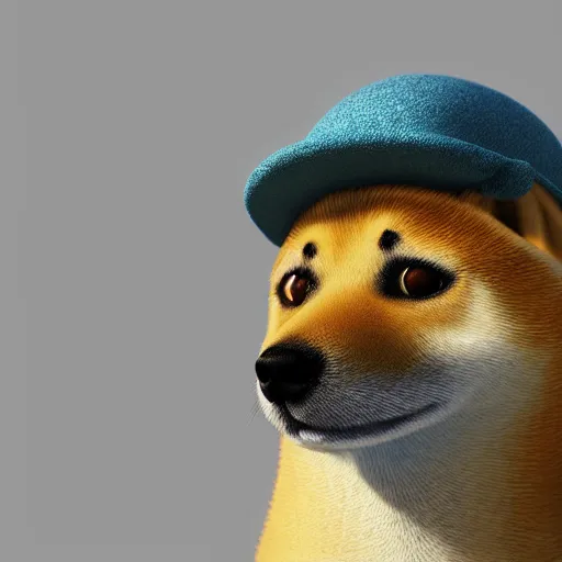 Image similar to portrait of a shibe wearing a hat, realism, realistic, photorealism, f 3. 5, photography, octane render, trending on artstation, artstationhd, artstationhq, unreal engine, cinema 4 d, 8 k, detailed fur