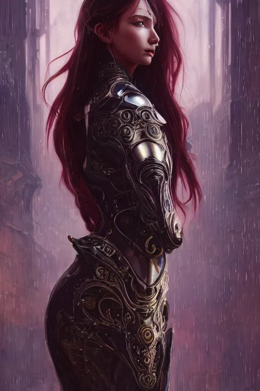 Prompt: portrait evilly knights of Zodiac girl, black fire color reflected armor, in ruined Agora of Athens rainy night, ssci-fi and fantasy, intricate and very very beautiful and elegant, highly detailed, digital painting, artstation, concept art, smooth and sharp focus, illustration, art by tian zi and WLOP and alphonse mucha