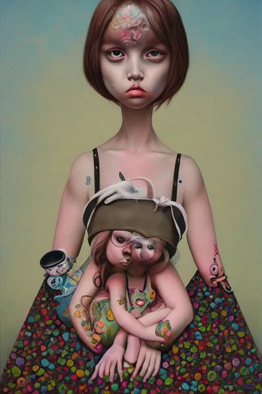 Prompt: pop surrealism, lowbrow art, realistic cute girl painting, hyper realism, muted colors, trevor brown, mark ryden style