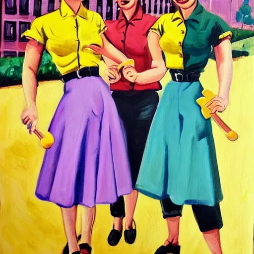 Prompt: a painting of three teenagers with rockabilly haircuts holding yellow popsicles and looking at women in the streets in the 1 9 5 0 s high details