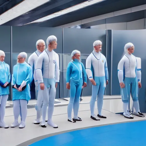 Image similar to group of identical athletic humans with light blue neoprene suits and white hair standing in a line on a conveyor belt, background of advanced futuristic laboratory, sci - fi, highly detailed, hyperrealistic