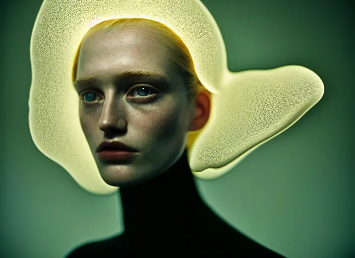 Image similar to Kodak Portra 400, 8K, soft light, volumetric lighting, highly detailed, britt marling style 3/4 , fine art portrait photography by Paolo Roversi, face and body merging with luminescent jellyfishes filaments, symbolic metamorphosis complex 3d render , 150 mm lens, art nouveau fashion embroidered,bust with intricate underwaters details, elegant, hyper realistic, ultra detailed, octane render, underwater soft colours, emotionally evoking, head in focus, fantasy, elegant, soft light, volumetric lighting, highly detailed, Refined, Highly Detailed, soft lighting colors scheme, fine art photography, Hyper realistic, photo realistic