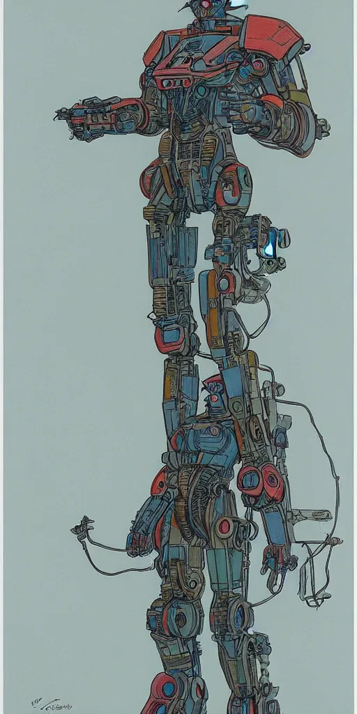 Image similar to mech suit. portrait by jean giraud and will eisner. realistic proportions. dystopian. cyberpunk, blade runner, concept art, cel shading