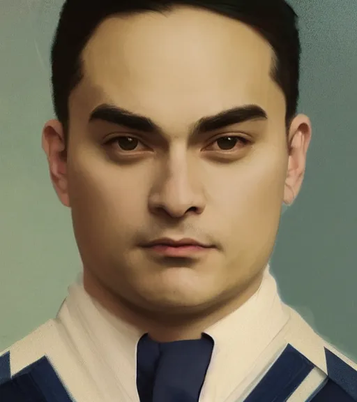 Image similar to Ben Shapiro wearing a navy and white Japanese school uniform, posing in Waikiki, sigma male, portrait art by alphonse mucha and greg rutkowski, highly detailed, digital painting, concept art, illustration, dim lighting with twilight rays of sunlight, trending on artstation, very detailed, smooth, sharp focus, octane render, close up