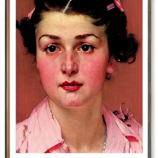Prompt: frontal portrait of a woman wearing pink and white, by norman rockwell