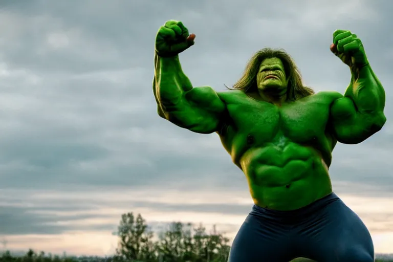 Prompt: Portrait of Ismo Leikola as The Hulk, still from a live action movie, 50mm, f2.8, Panavision, cinematography