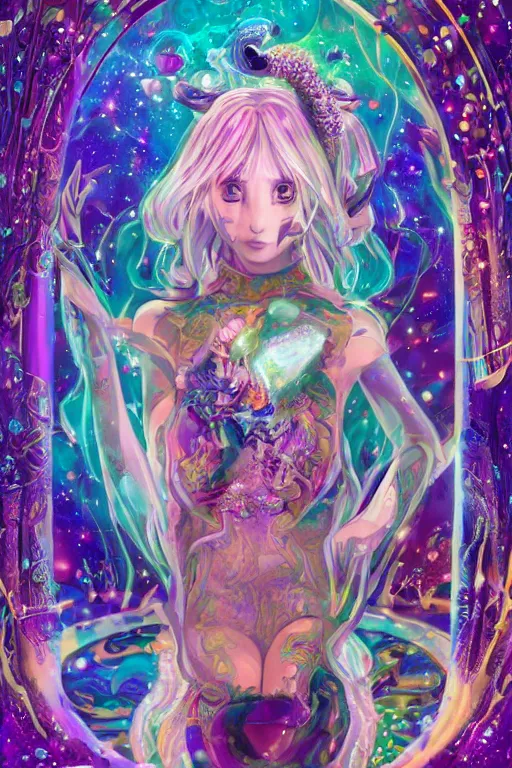 Image similar to acid trip, hall of mirrors, intricate, highly detailed, anime, 4k, a beautiful seductive deer woman holding a crystal containing the universe, with professional makeup, long trippy hair, surrounded by gems, underneath the stars, trending on patreon, deviantart, twitter, artstation, volumetric lighting, heavy contrast, by artgerm and Ilya Kuvshinov and alphonse mucha