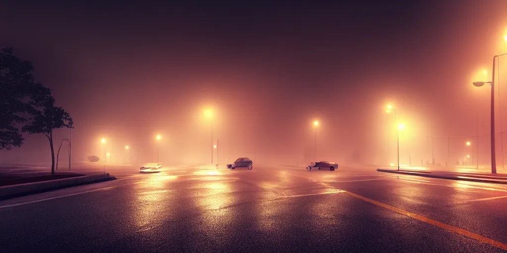 Image similar to some cars driving on deserted city street, fog, rain, volumetric lighting, beautiful, golden hour, sharp focus, ultra detailed, cgsociety