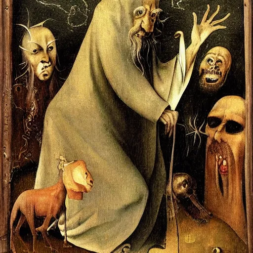 Image similar to portrait of an old frail ominous wise wizard man with long flowy hair wearing an ancient robe, surrounded by demons art by hieronymus bosch