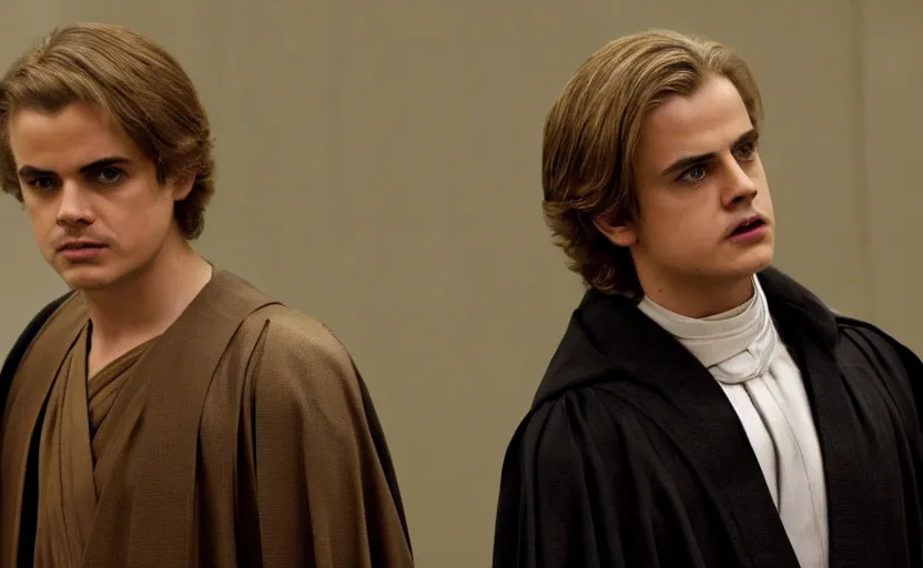 Image similar to anakin skywalker played by hayden christensen in jedi robes talking to saul goodman in a suit in court, us court, better call saul scene 1 0 8 0 p, court session images, realistic faces