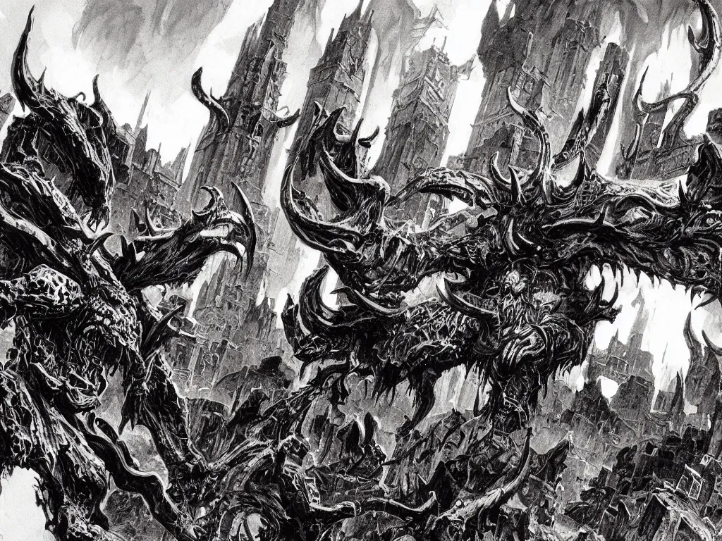 Prompt: concept art illustration of a mastodonic brutalist demon with 5 horns destroying a medieval village, cinematic lightning, art by bernie wrightson