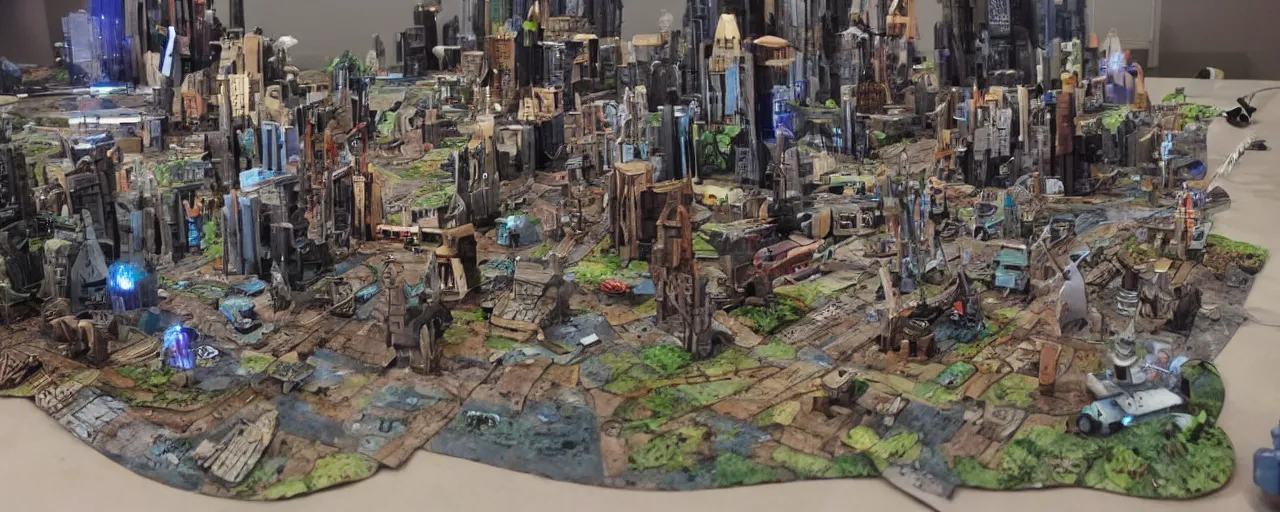 Image similar to functional mini sci-fi city made out painted cardboard