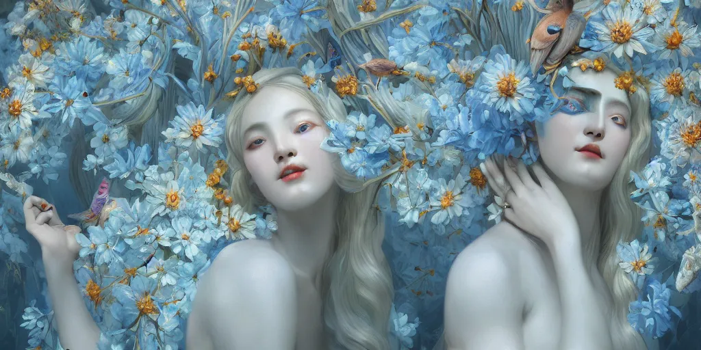 Image similar to breathtaking detailed concept art painting art deco pattern of blonde faces goddesses amalmation light - blue flowers with anxious piercing eyes and blend of flowers and birds, by hsiao - ron cheng and john james audubon, bizarre compositions, exquisite detail, extremely moody lighting, 8 k