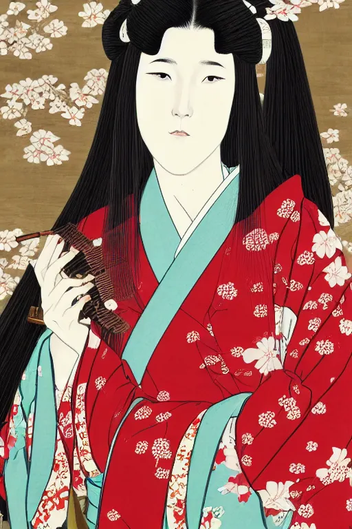 Prompt: portrait of a long haired woman wearing a red kimono playing a biwa in traditional japanese house, feudal japan, delicate, detailed long black hair, detailed flower pattern kimono, elegant, anime key visual, fukaya yuichiro