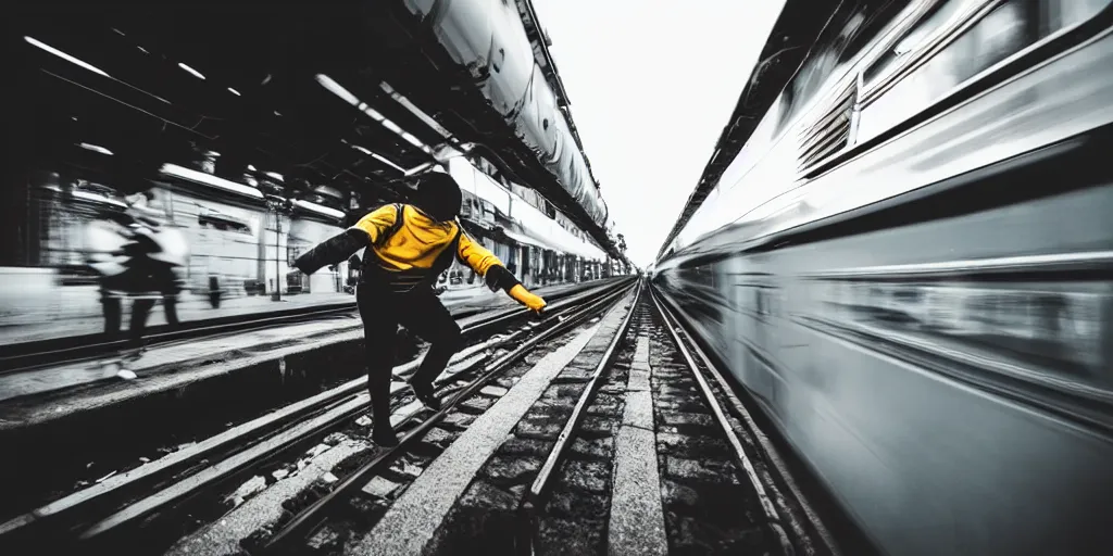 Image similar to a wide shot angle photography of a person trying to jump into a moving train from a platform