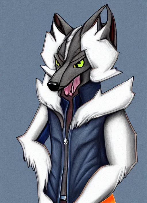 Prompt: expressive stylized master furry artist digital colored pencil painting full body portrait character study of the sergal wolf small head fursona animal person wearing clothes jacket and jeans by master furry artist blotch