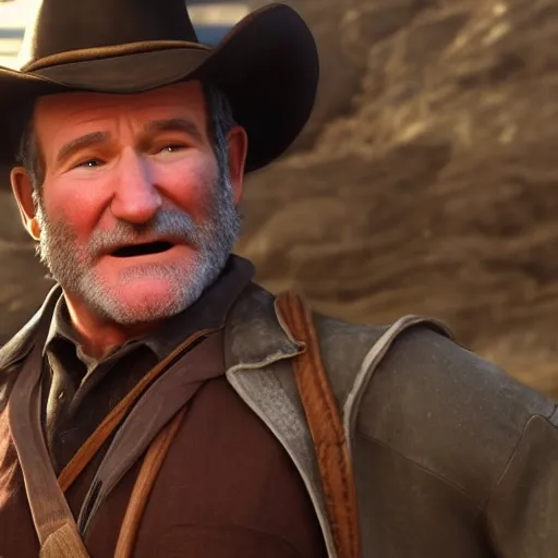 Image similar to Film still of Robin Williams, from Red Dead Redemption 2 (2018 video game)