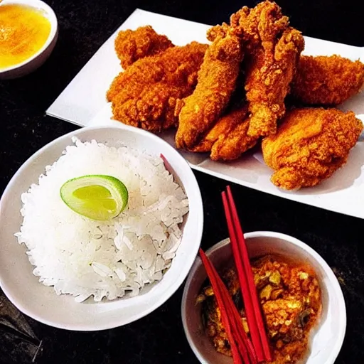 Prompt: “ fried chicken and sticky rice, thai streetfood, instagram, no filter, hyper realistic, ultra detailed ”