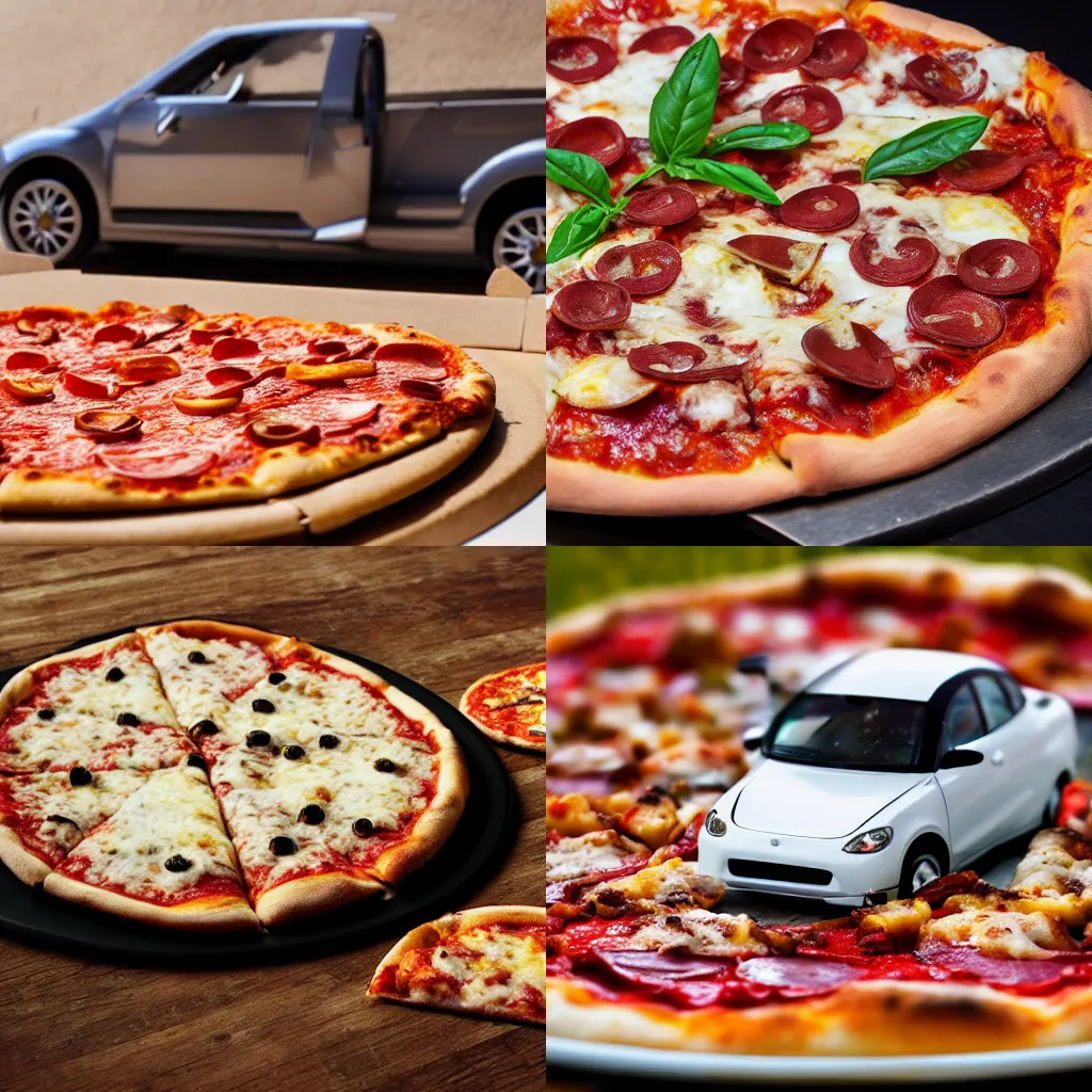 Prompt: photo, A car on the pizza, 4K.