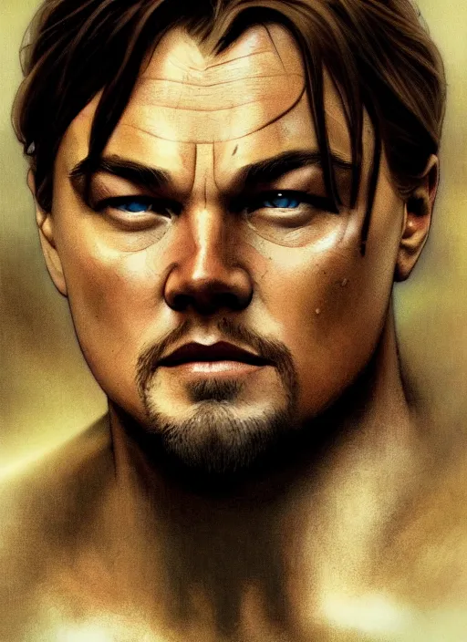 Prompt: a still of Leonardo DiCaprio as the Collosal Titan in Attack on Titans, (Attack on Titans anime), sigma male, accurately portrayed, portrait art by alphonse mucha and greg rutkowski, highly detailed, digital painting, concept art, trending on artstation, very detailed, smooth, sharp focus, octane render