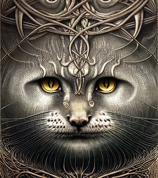 Image similar to detailed realistic beautiful manul goddess face portrait by jean delville, gustave dore, iris van herpen and marco mazzoni, art forms of nature by ernst haeckel, art nouveau, symbolist, visionary, gothic, neo - gothic, pre - raphaelite, fractal lace, intricate alien botanicals, ai biodiversity, surreality, hyperdetailed ultrasharp octane render