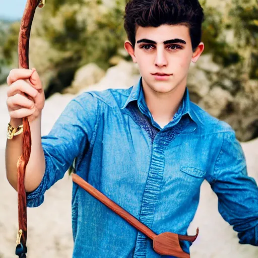 Image similar to a handsome Mediterranean 17 year old man in Biblical clothes holding a slingshot, DSLR photography