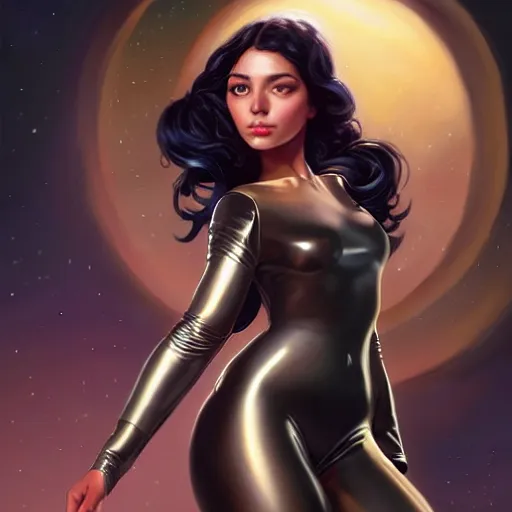 Image similar to a portrait of a very beautiful woman in a spacesuit, Alexandria\'s genesis, shoulder-length black hair, bored, illustration, soft lighting, soft details, painting oil on canvas by mark arian by artgerm, trending on artstation, 4k, 8k, HD