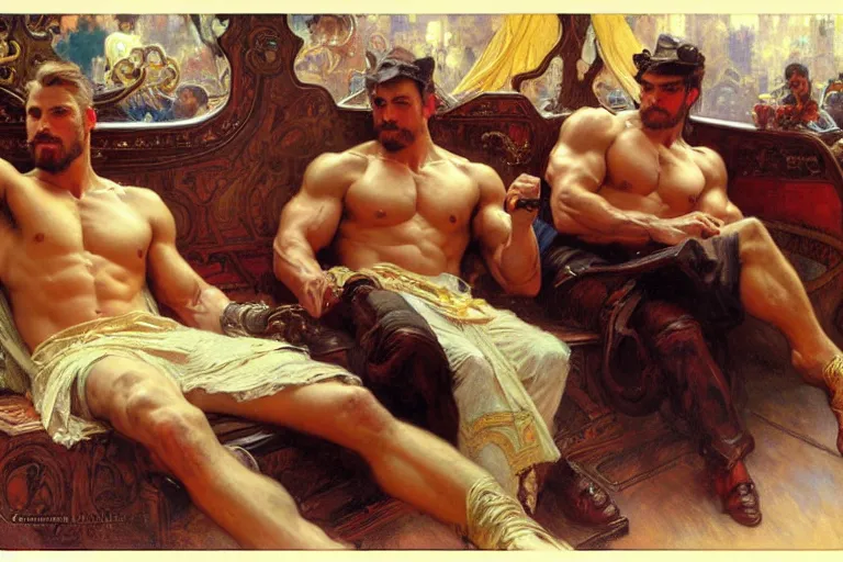 Prompt: 2 muscular attractive men sitting on a coach, painting by gaston bussiere, craig mullins, greg rutkowski, alphonse mucha