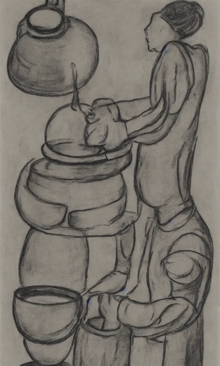 Prompt: abstract charcoal drawing of a woman at a pottery wheel making vases