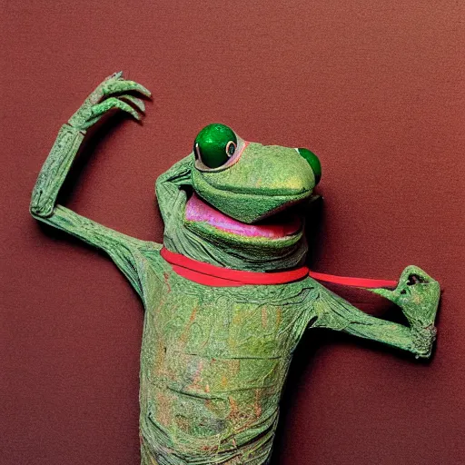 Prompt: mummified kermit the frog, egyptian, 3rd century BC, photograph, hyperreal, british museum