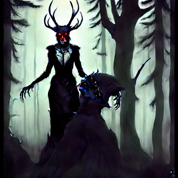 Image similar to style artgerm, joshua middleton, steve niles, gerald brom, scary wendigo with antlers and skull face mixed with werewolf, beautiful witch wearing a black dress on the right side, in the forest, detailed, dark and foggy, cinematic lighting