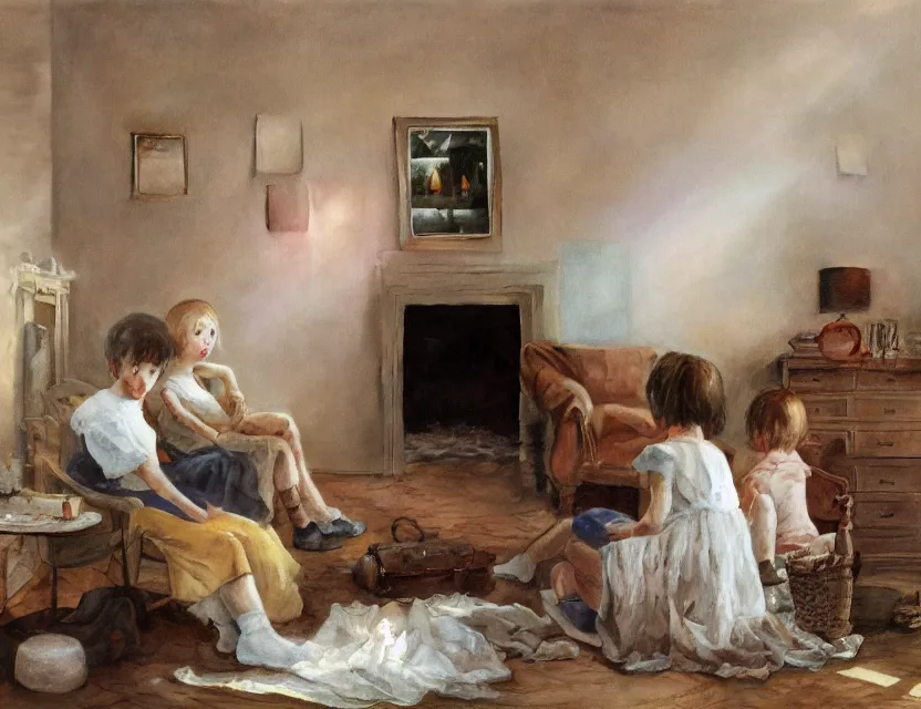 Prompt: kids watching old tv in country house, cottage core, cinematic focus, polaroid photo bleached vintage pastel colors high - key lighting, soft lights, foggy, by steve hanks, by lisa yuskavage, by serov valentin, by tarkovsky, 8 k render, detailed, oil on canvas