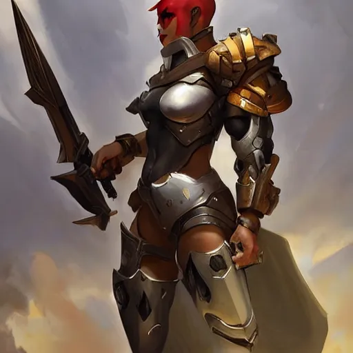 Image similar to greg manchess portrait painting of armored female kratos as overwatch character, medium shot, asymmetrical, profile picture, organic painting, sunny day, matte painting, bold shapes, hard edges, street art, trending on artstation, by huang guangjian and gil elvgren and sachin teng