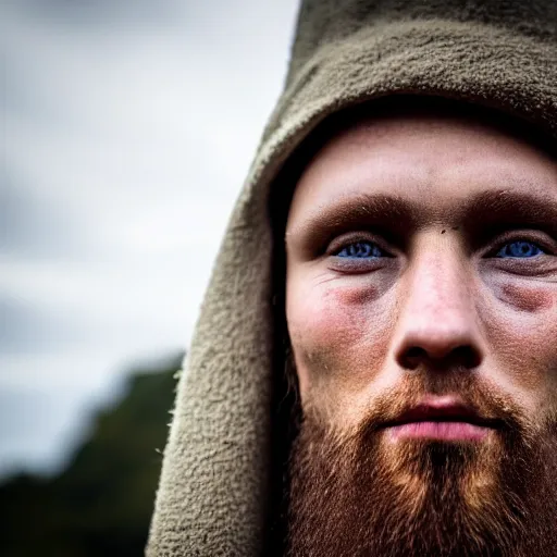 Image similar to minimalist photography portrait of a germanic pagan man, sad, tear, early middle ages, super close up, mid thirties, cute round slanted eyes, caucasian, wide nostrils, high cheekbones, full cheeks, leica 1 0 0 mm f 0. 8