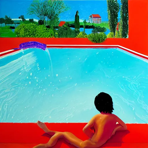 Prompt: a pool filled with coke cola big splash, David Hockney style painting, California back yard