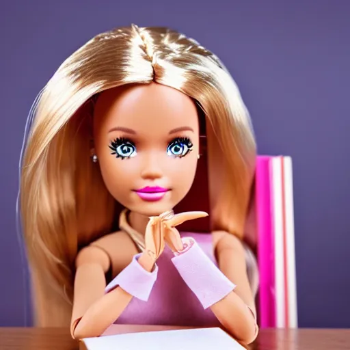 Prompt: a barbie doll with an exhausted!!!! expression sits at a desk with several large stacks of paper on it. her head is resting on her hand. golden hour, photorealistic,