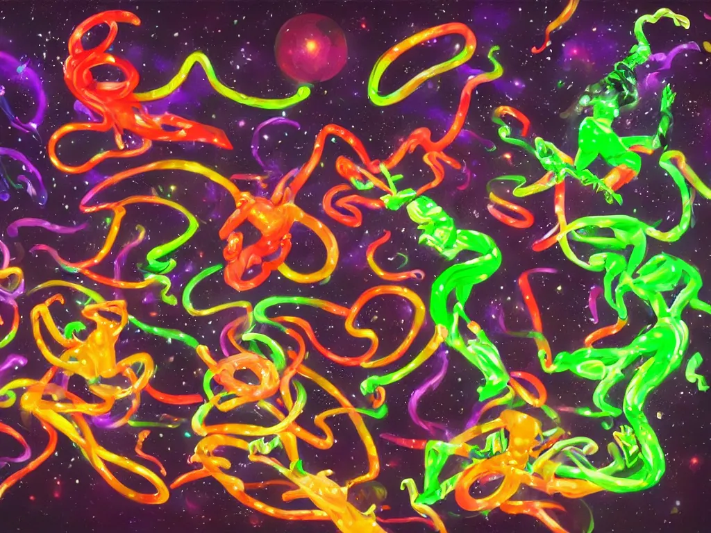 Prompt: a hyperrealistic portrait of dancing ninjas in space opening a bottle of glowing worms and drinking fluorescent liquid , 8k