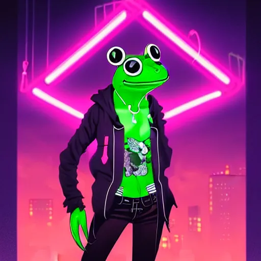 Image similar to beautiful furry digital art portrait commission of an androgynous anthro frog fursona wearing punk clothes in the streets of a cyberpunk city. neon signs. character design by charlie bowater, ross tran, artgerm, and makoto shinkai