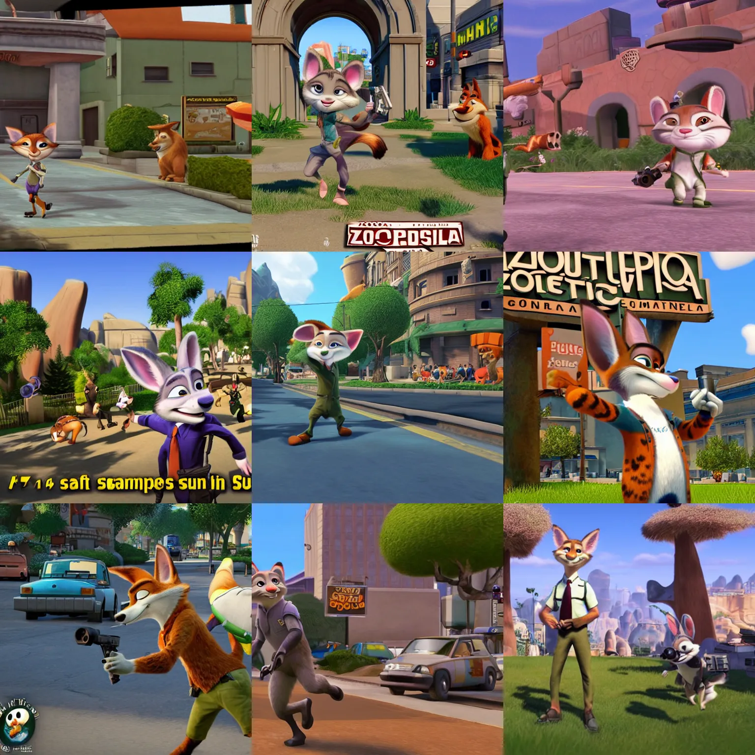 Prompt: Zootopia as a multiplayer first person shooter for PS1, retro 3D gameplay emulator screenshot, ESRB Mature, first person gun