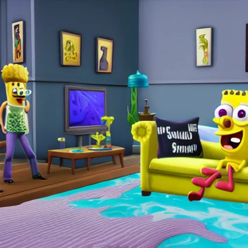 Image similar to SpongeBob with real sims in the sims 4 game, hyper realism, depth of view 8k. , connected trough wired, on a advanced lab, octane render, 4k, 8k, unreal 5, very detailed, hyper realism, trending on artstation.