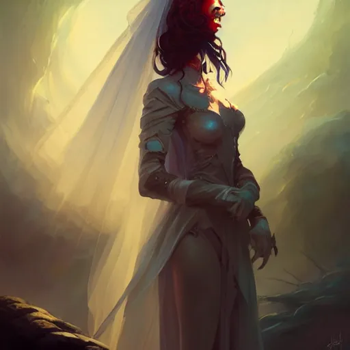 Image similar to a portrait of a bride of dracula, concept art by pete mohrbacher and wlop and artgerm and guweiz, digital art, highly detailed, intricate, sci - fi, sharp focus, trending on artstation hq, deviantart, unreal engine 5, 4 k uhd image