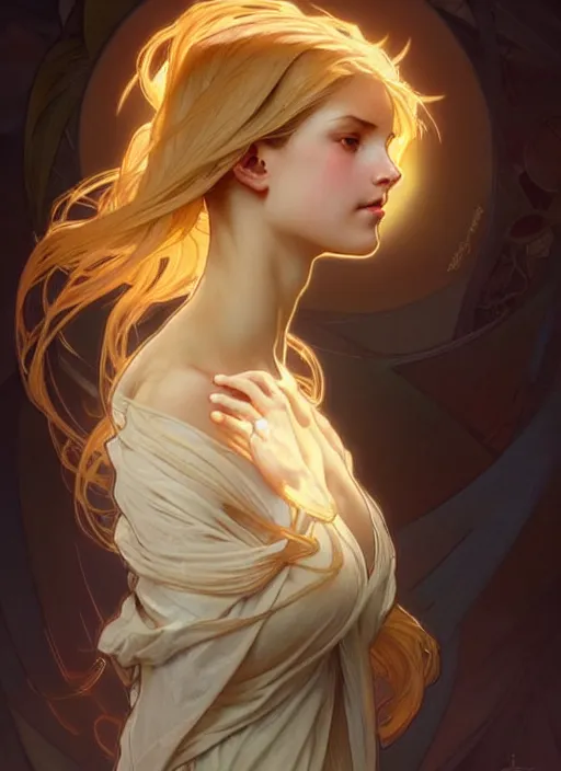 Image similar to a digital concept art by artgerm and greg rutkowski and alphonse mucha. clear portrait of a young wife blessed by god to uncontrollably become overwhelmingly perfect!! blonde, clothes, divine body!! light effect. hyper detailed, character concept, glowing lights!! intricate, elegant, digital painting, artstation, smooth, sharp focus