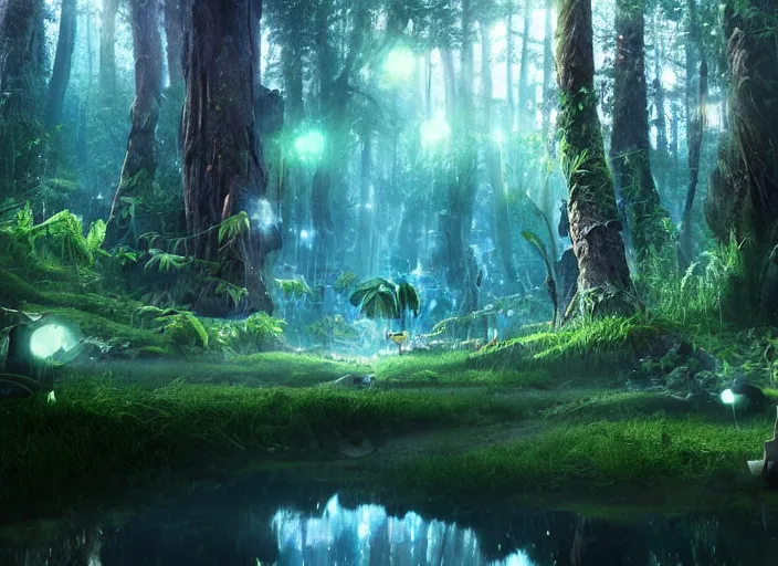 Image similar to luminescent forest biome that looks like a movie shot by pixar, ultra detailed, fantasy, hyper realism, art, smooth, beautiful art, masterpiece, landscape, cinematic, wet reflections, ray tracing x, rtx, smooth